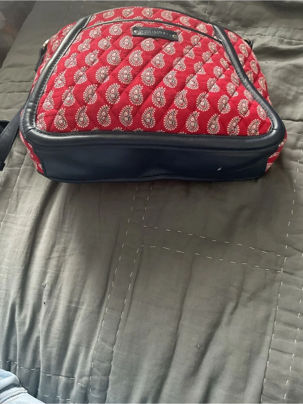 Vera Bradley Red Paisley Crossbody with Navy Trim and Strap, faux-leather trim.